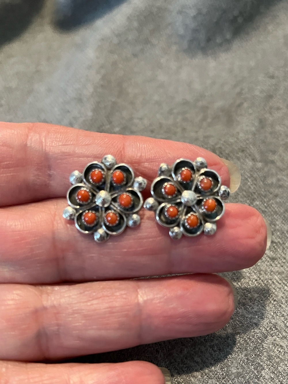 Zuni Red Coral Sterling Rosette Earrings - Picture 5 of 7